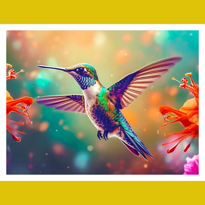 Colorful hummingbird flying among flowers with a vibrant, blurred background