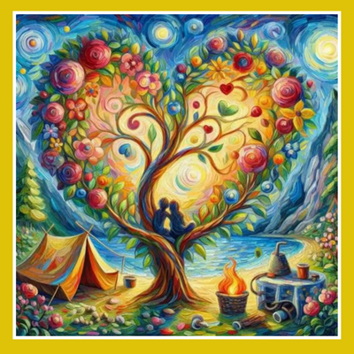 Colorful painting of a couple under a tree with flowers and fruits, near a campsite with a tent and fire.