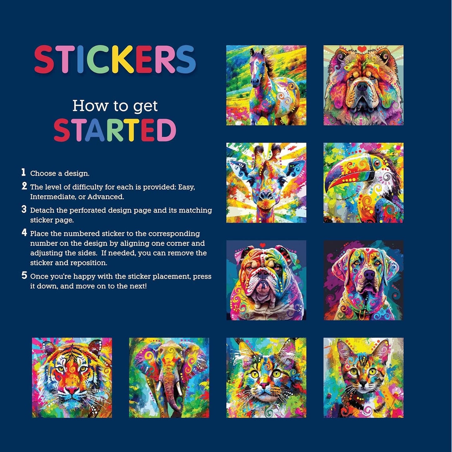 Pop Art Animals Sticker Mosaic Art Book - 10 Amazing Designs