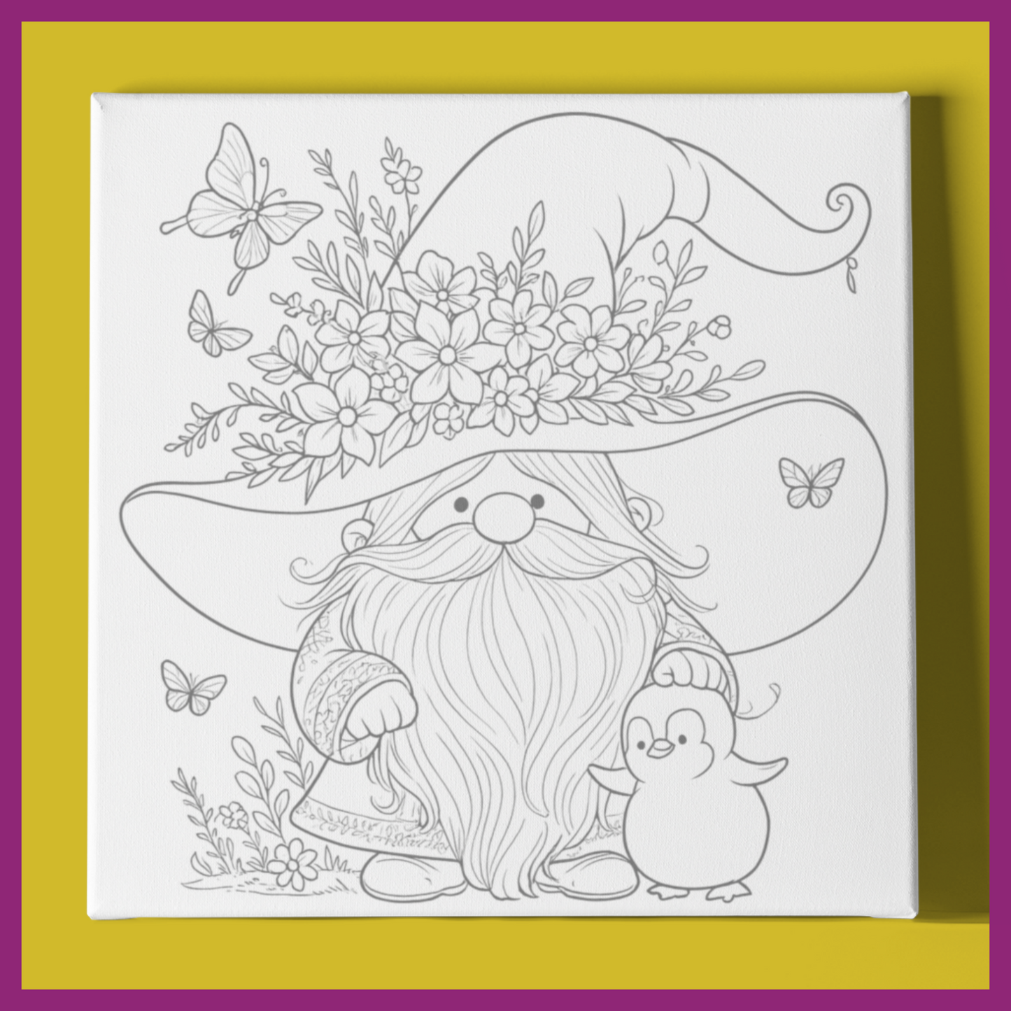GNOME WITH BABY PENQUIN PREDRAWN CANVAS PANEL