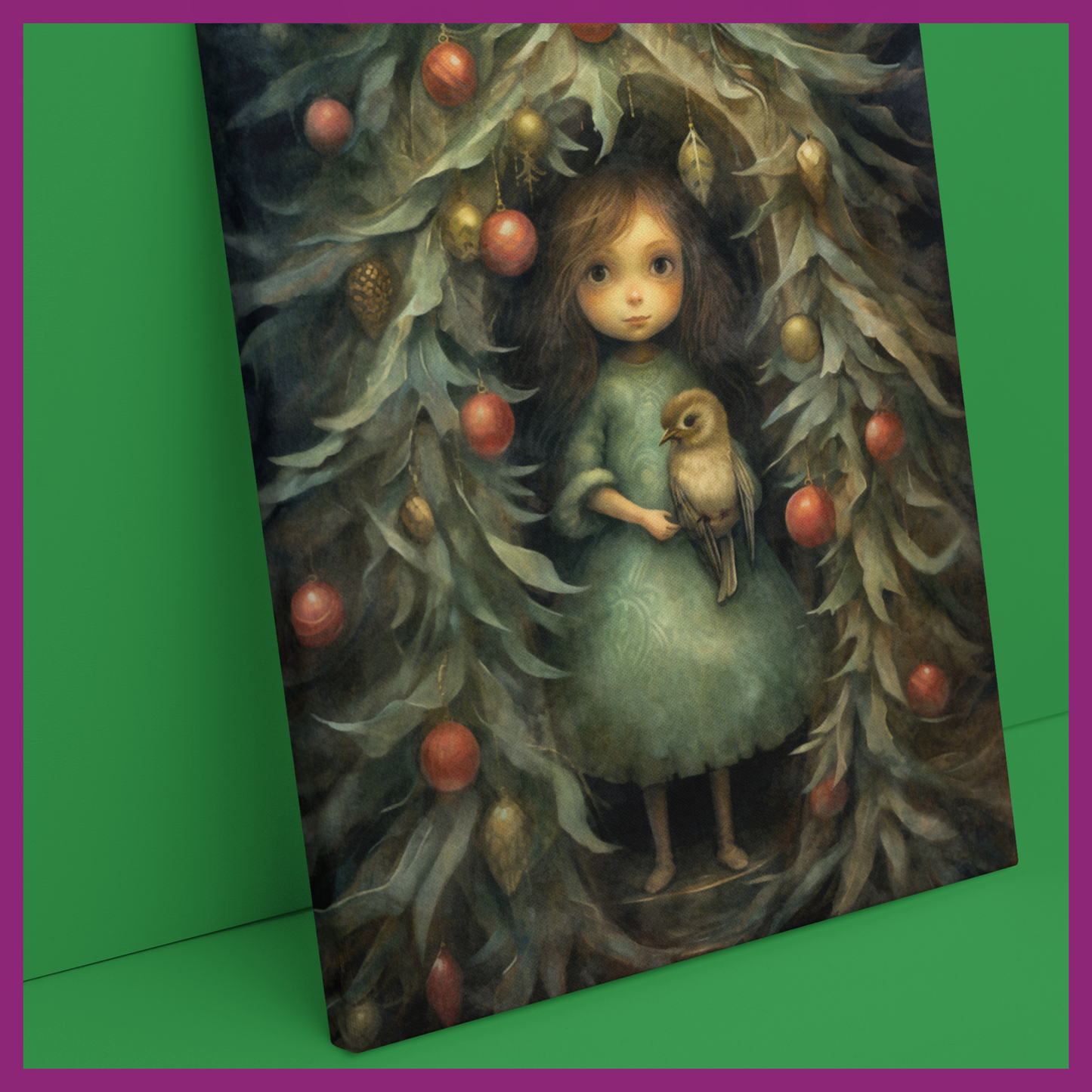 WHIMSICAL CHRISTMAS GIRL WITH BIRD CANVAS PRINT (9"x13")