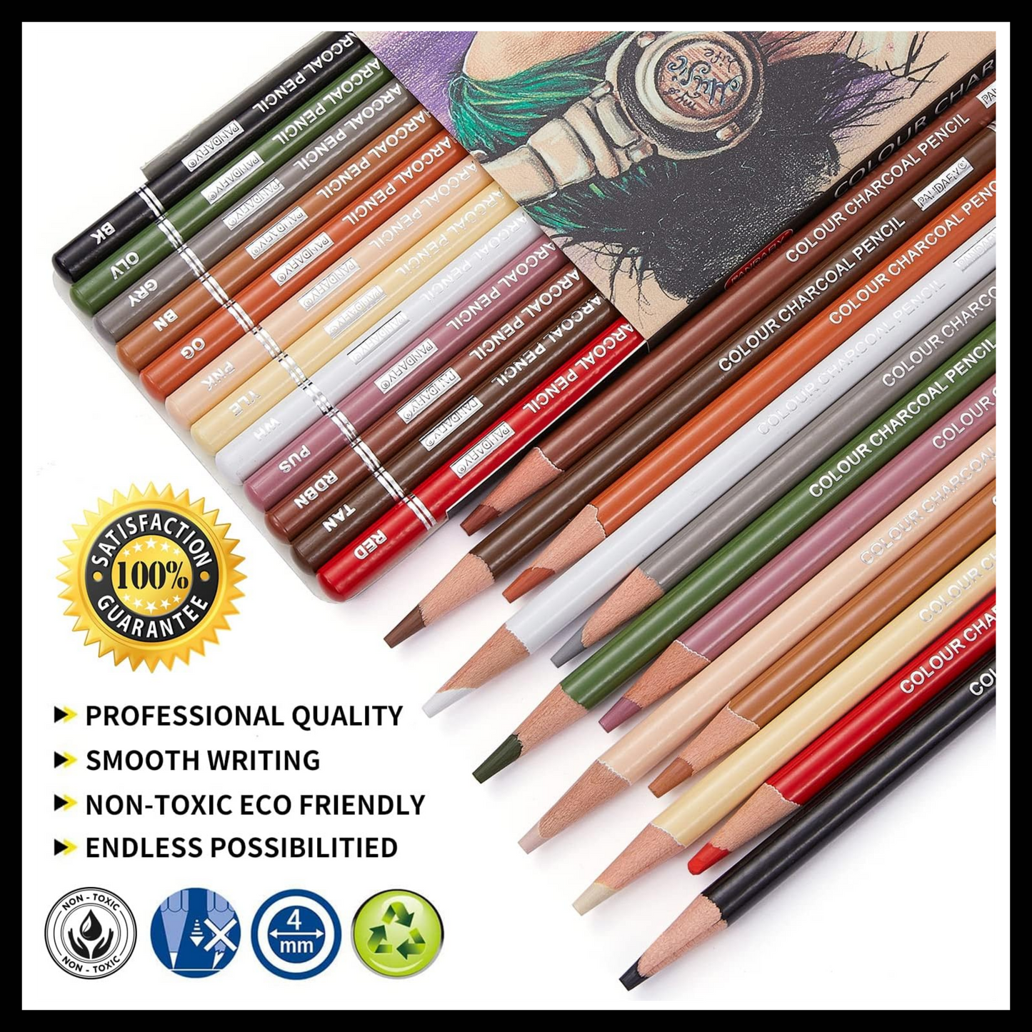 PANDAFLY PRO COLORED CHARCOAL PENCILS 12 SET