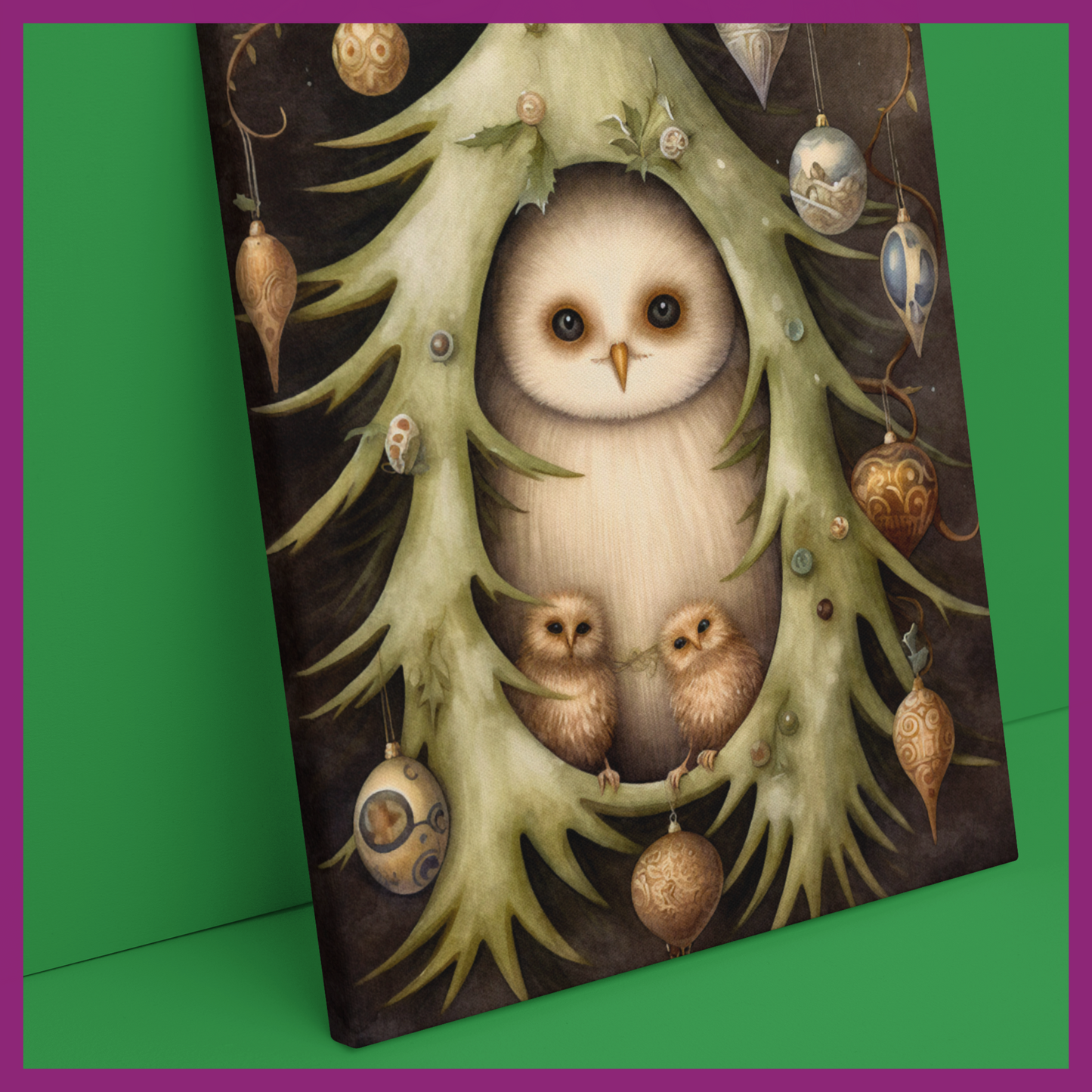 WHIMSICAL CHRISTMAS MAMA OWL AND BABIES CANVAS PRINT (9"x13")