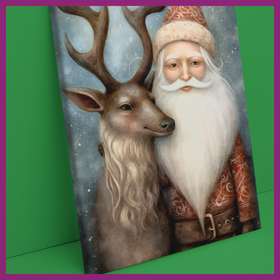 WHIMSICAL CHRISTMAS REINDEER & SANTA PORTRAIT CANVAS PRINT (9"x13")