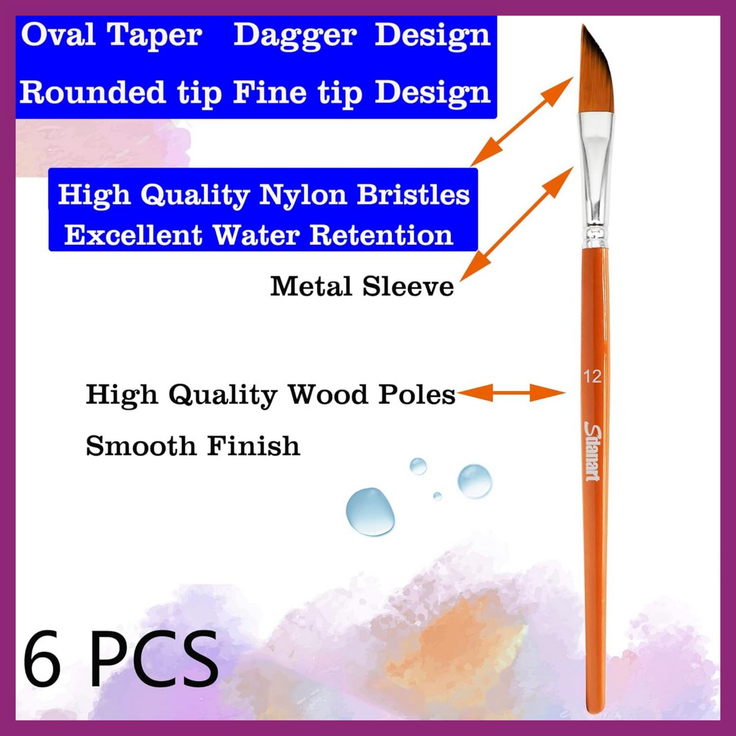 WATERCOLOR PAINTBRUSH SET OF 6 SQUIRREL HAIR BRUSHES