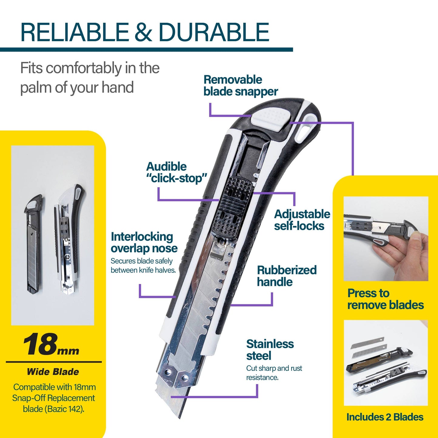 Heavy Duty 18 mm Snap-Off Utility Knife + 2 Blades