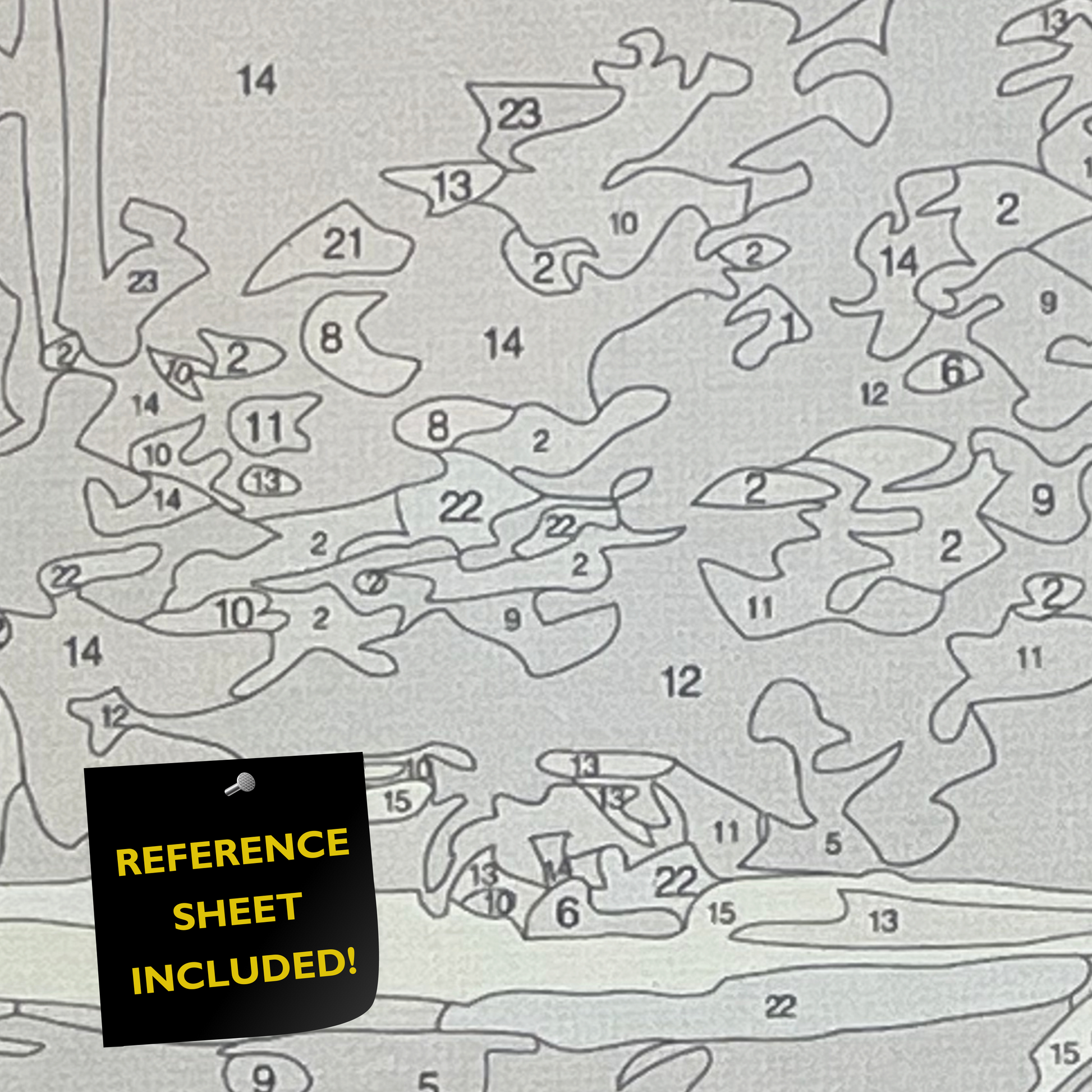 Closeup of paint by number canvas showing canvas texture and numbers with "refererence sheet included" sign.