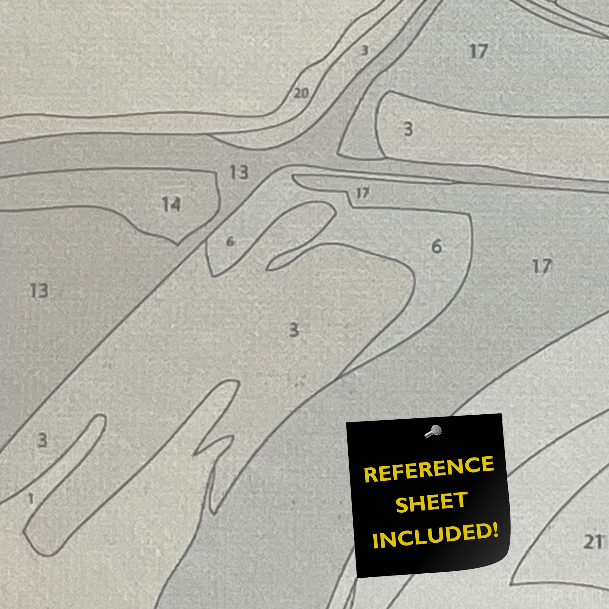 Closeup of paint by number canvas showing canvas texture and numbers with "refererence sheet included" sign.