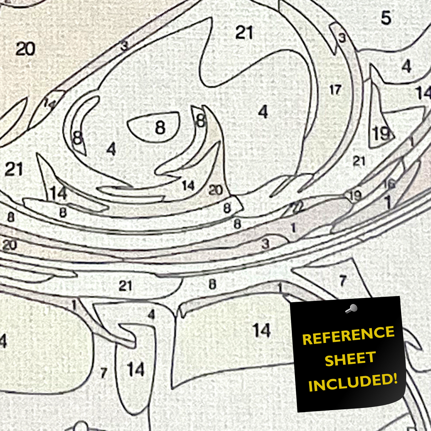Closeup of paint by number canvas showing canvas texture and numbers with "refererence sheet included" sign.