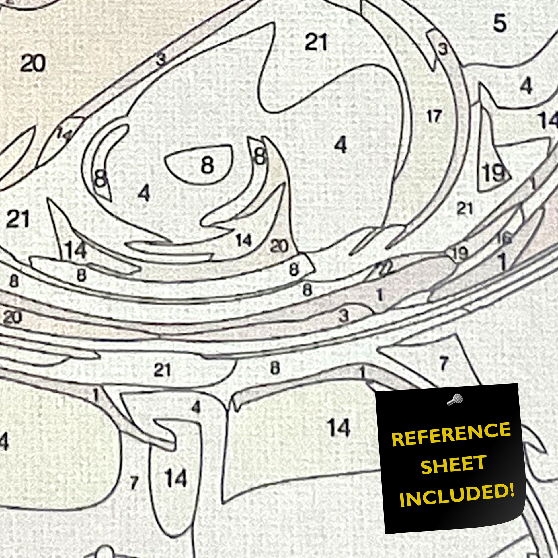Closeup of paint by number canvas showing canvas texture and numbers with "refererence sheet included" sign.