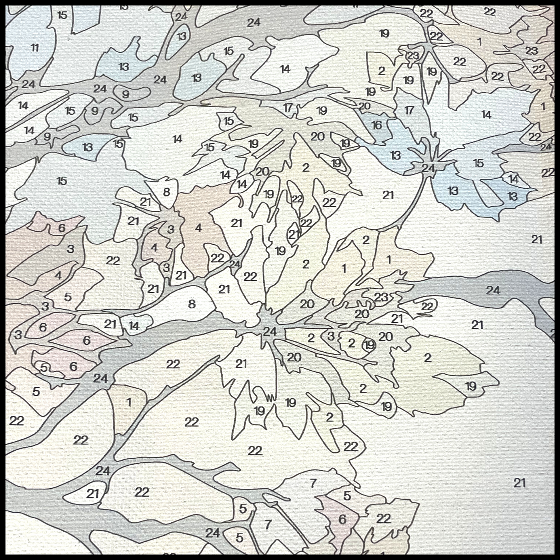 Canvas closeup showing numbered areas to paint