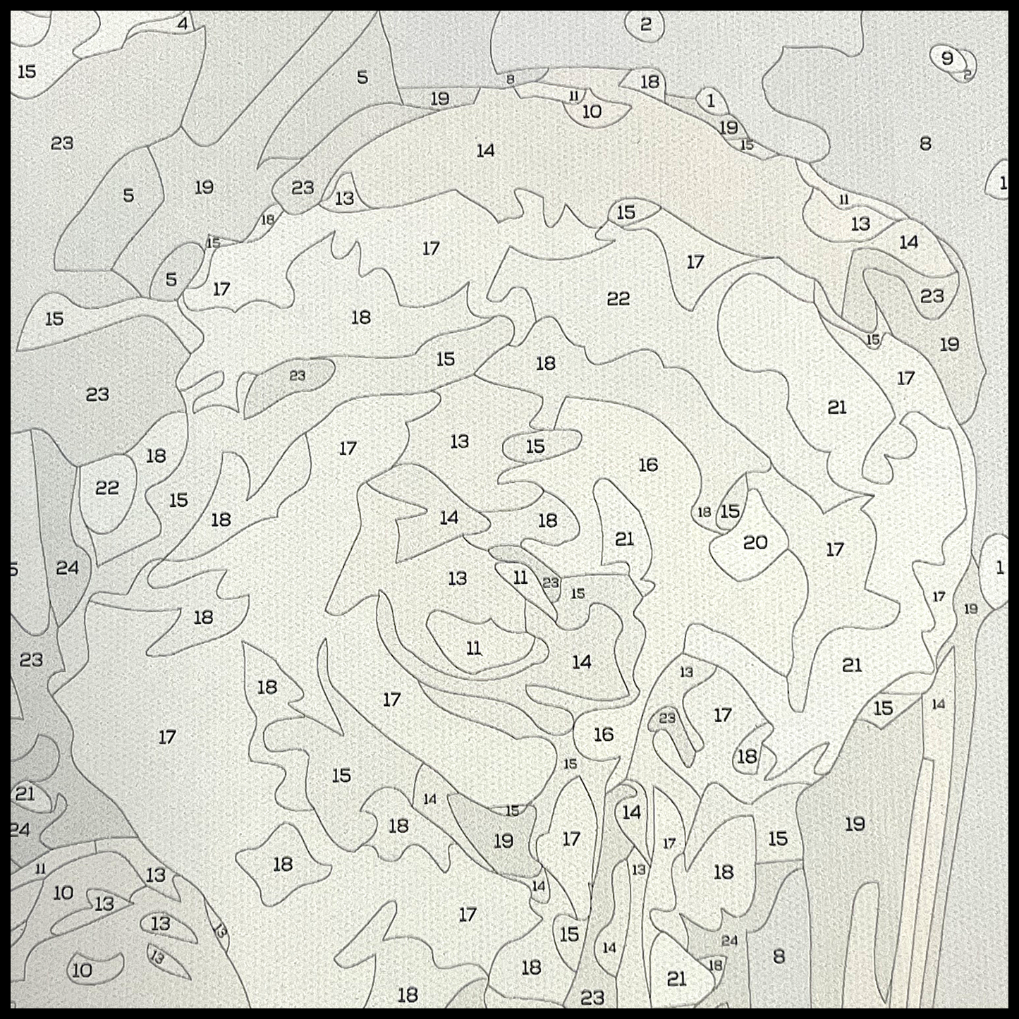 Close up of canvas showing numbered areas to paint