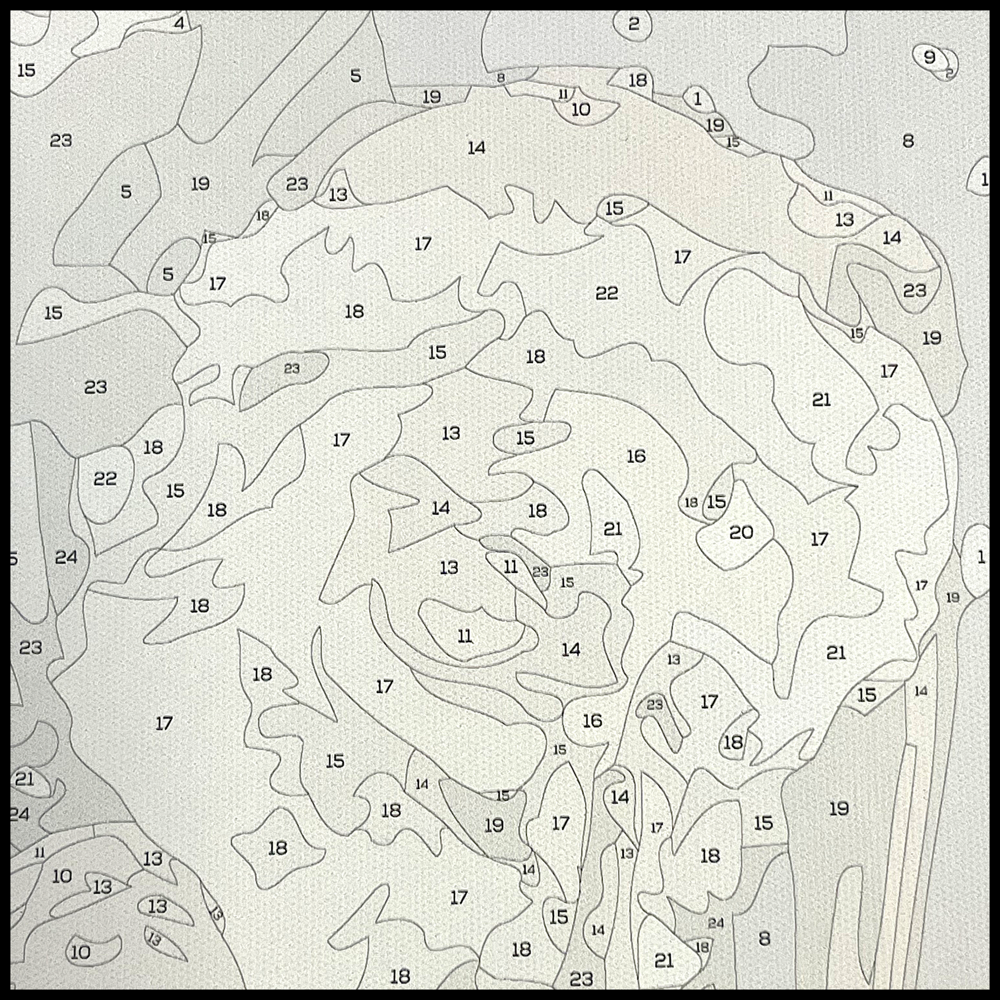 Close up of canvas showing numbered areas to paint