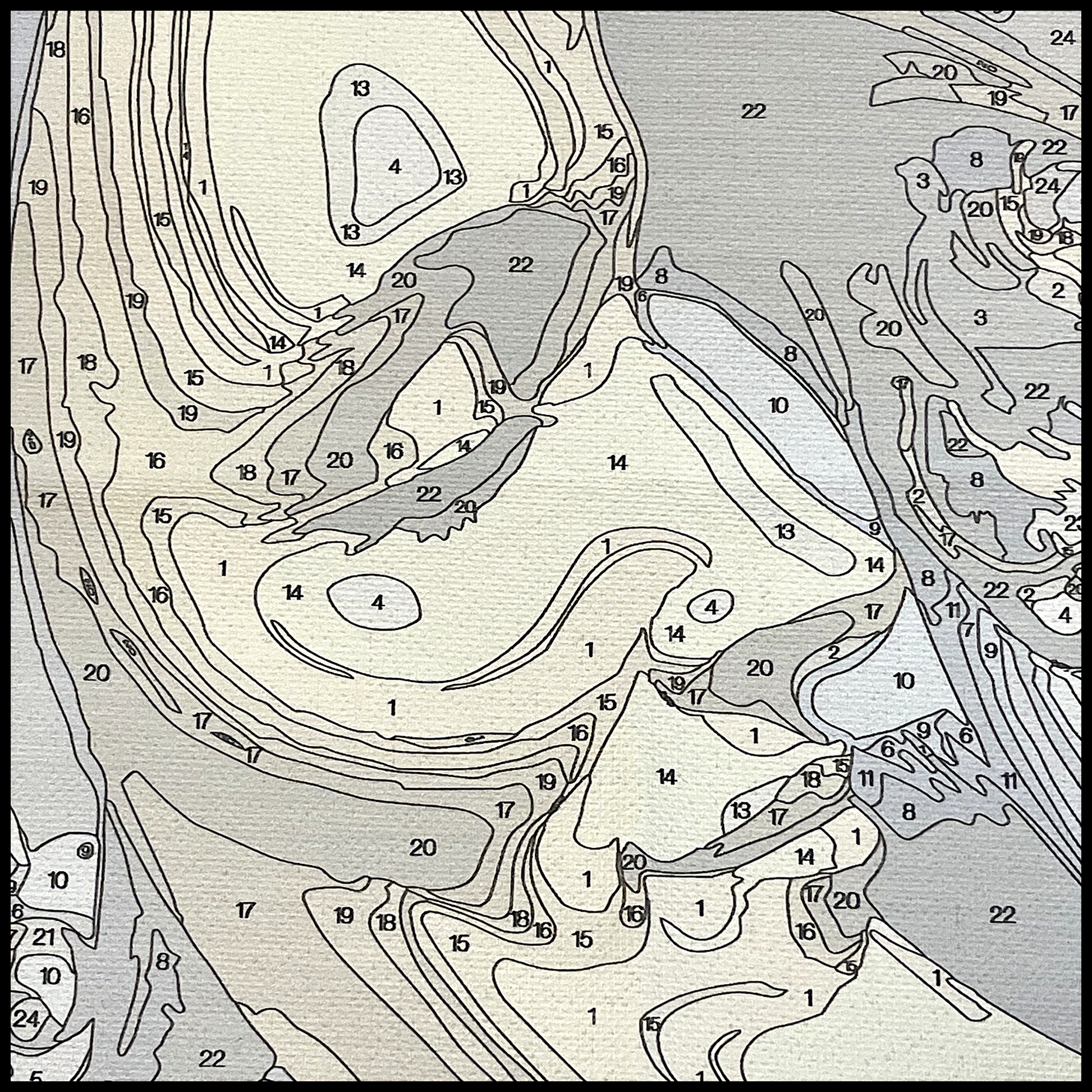 Close up of canvas showing numbered areas to paint