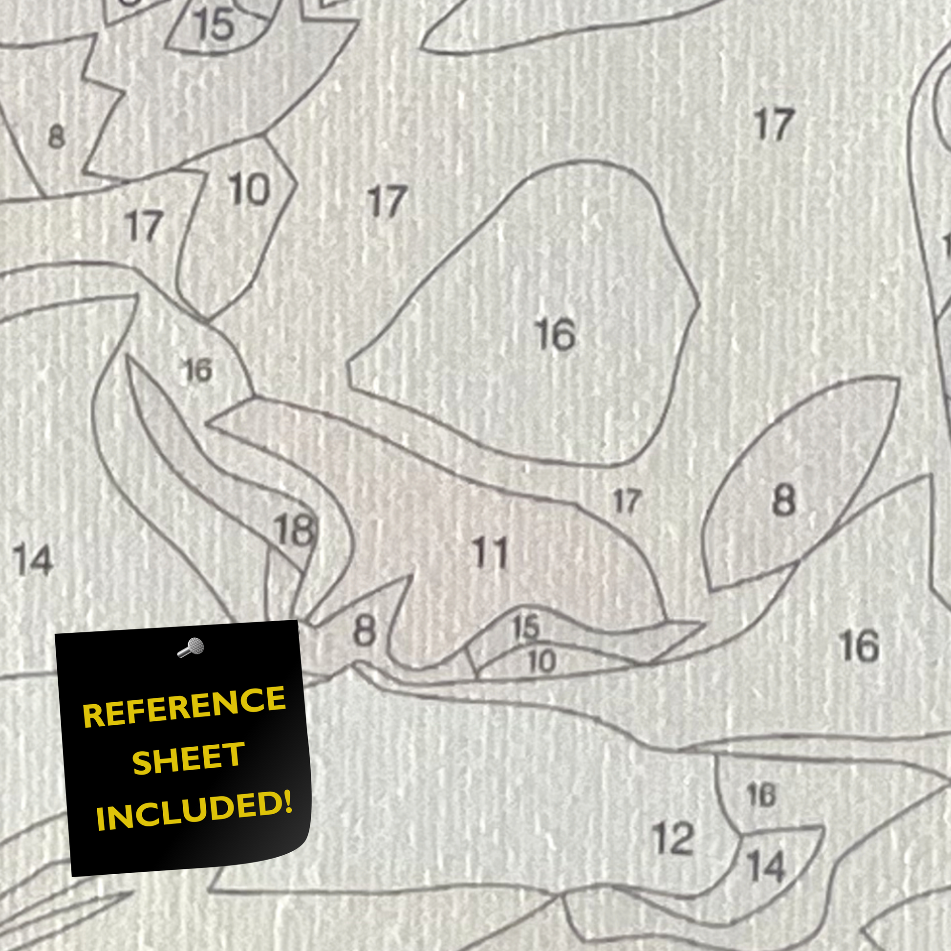 Closeup of paint by number canvas showing canvas texture and numbers with "refererence sheet included" sign.