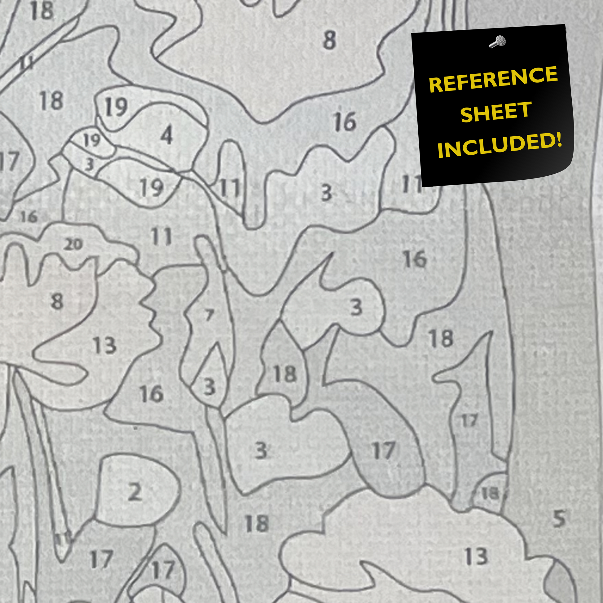 Closeup of paint by number canvas showing canvas texture and numbers with "refererence sheet included" sign.