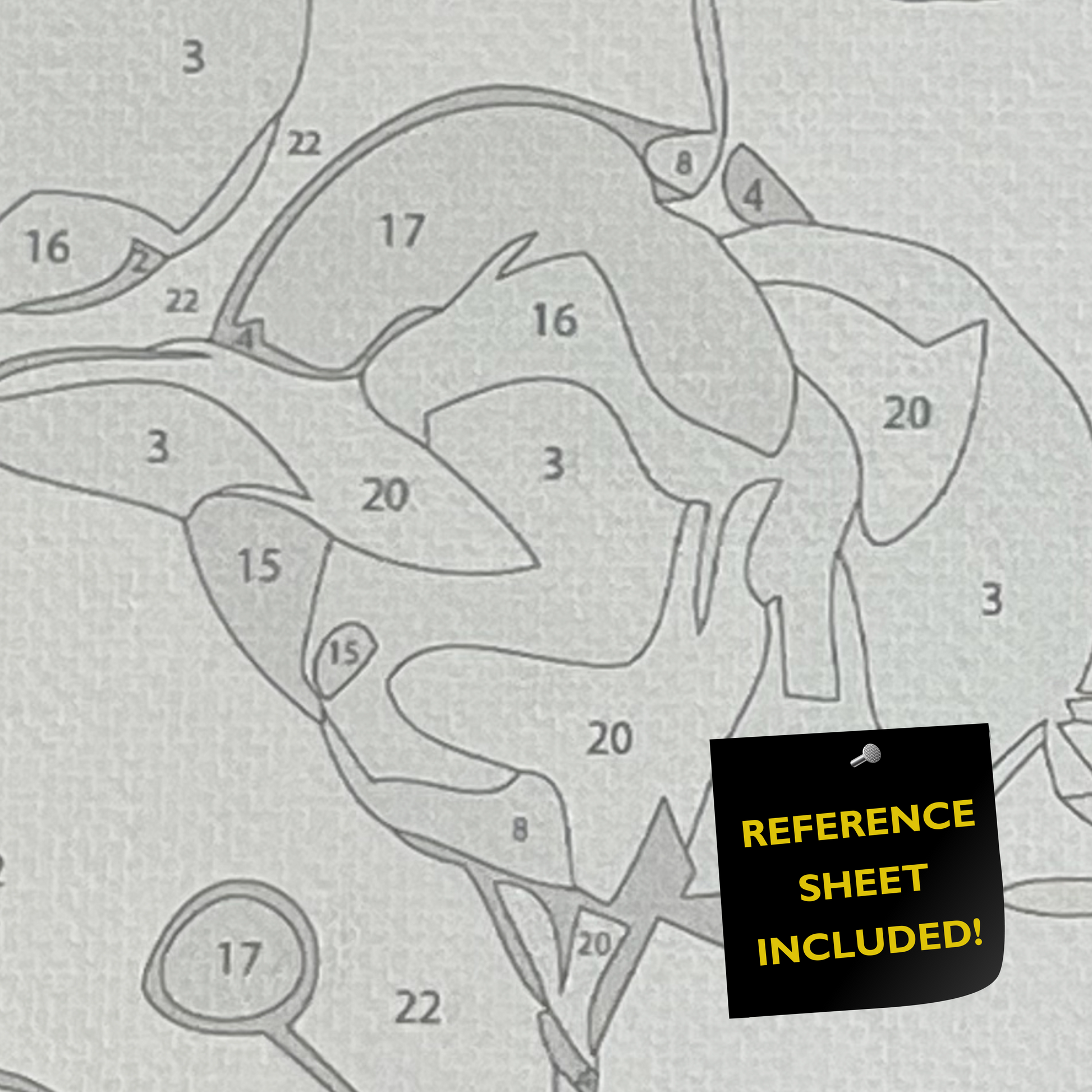 Closeup of paint by number canvas showing canvas texture and numbers with "refererence sheet included" sign.