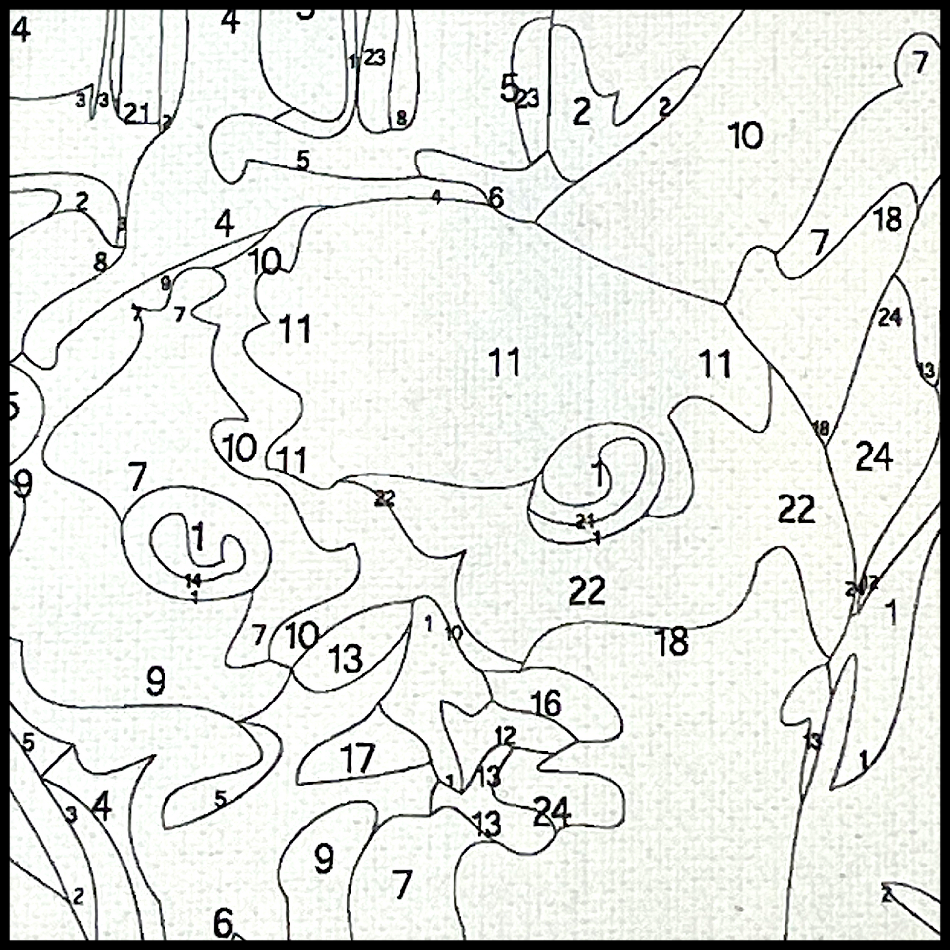 Close up of canvas showing numbered areas to paint