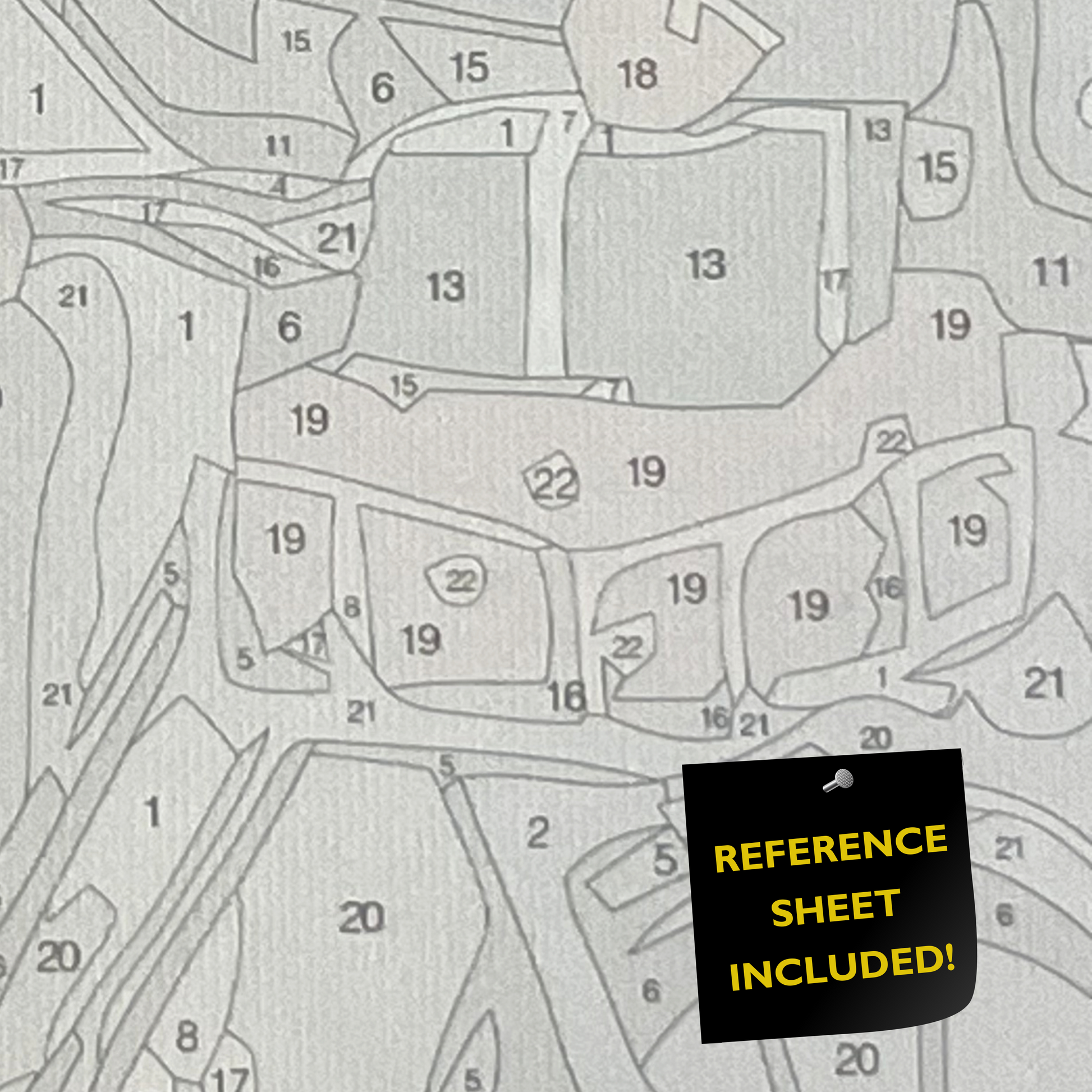 Gray reference diagram with numbered parts and a black square highlighting 'Reference Sheet Included'.