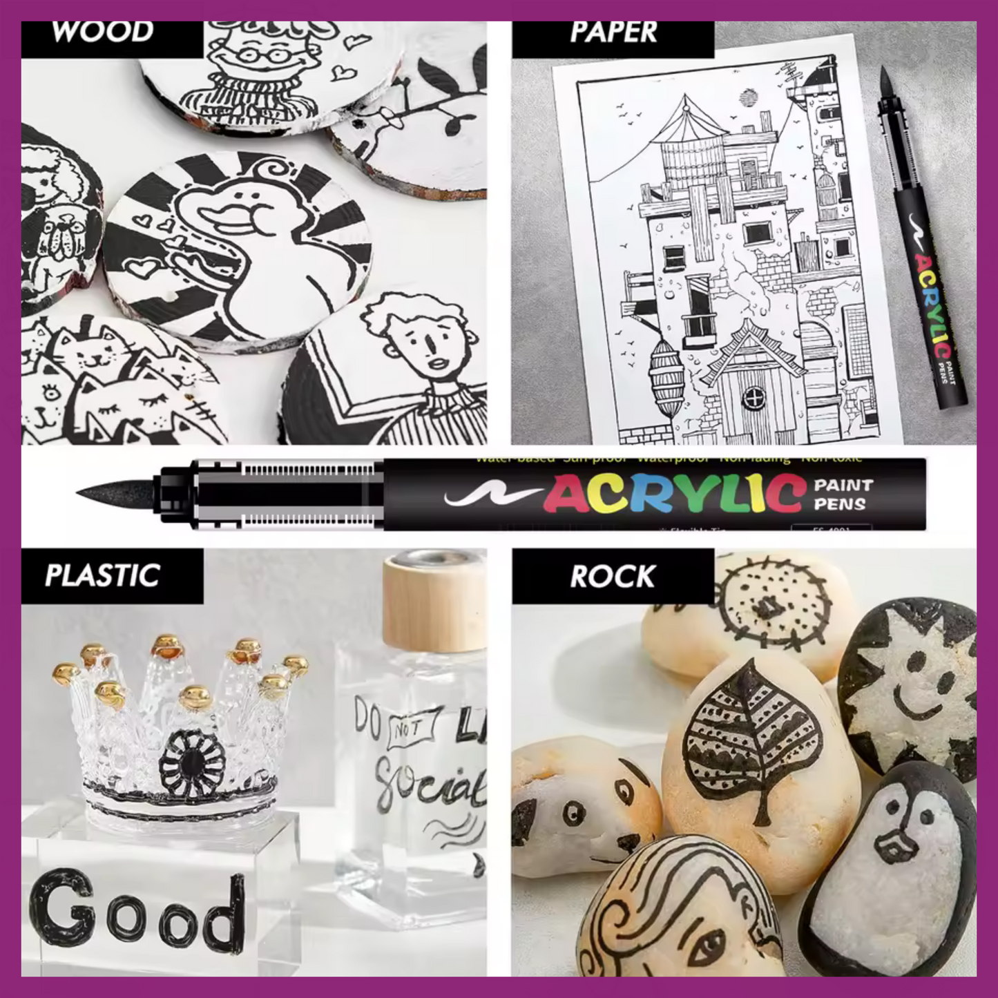 Flysea 8 Acrylic Paint Pens - 4 Black + 4 White