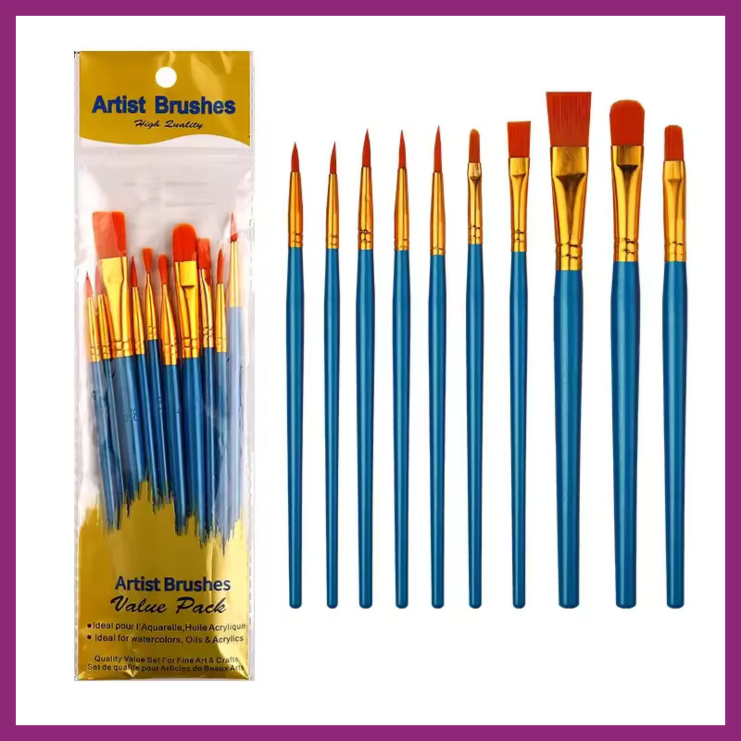 ARTIST'S BRUSHES VALUE PACK OF 10 - NYLON