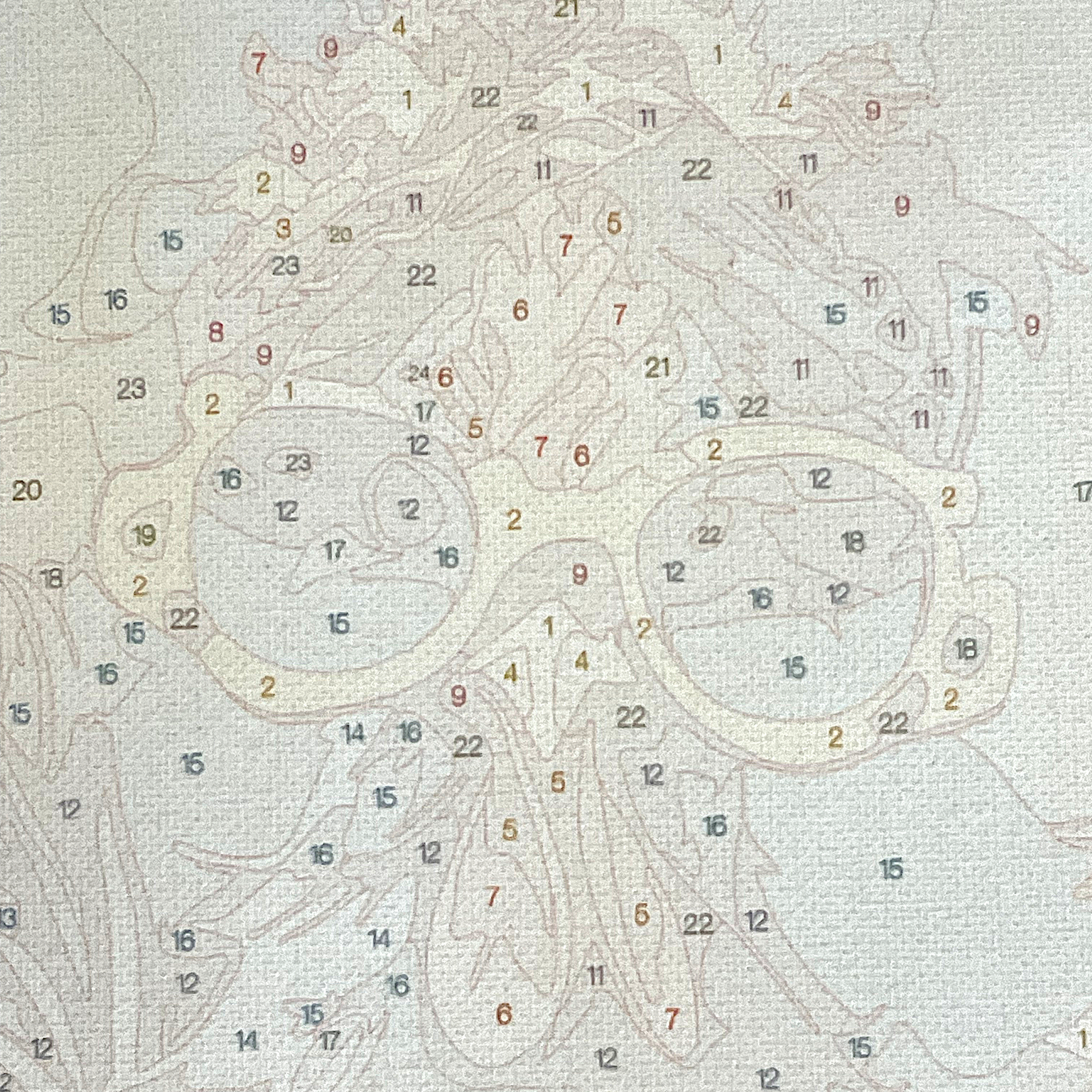Closeup of paint by number canvas showing canvas texture and numbers