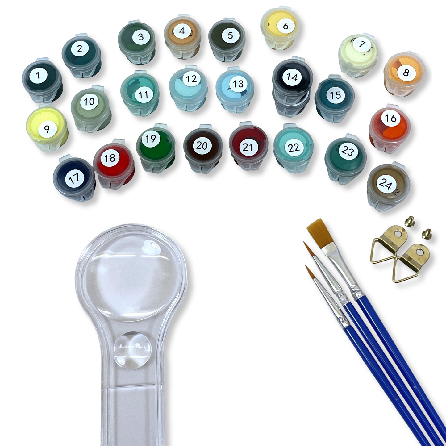 Set of paint pots, magnifying glass, paintbrushes, and small tools on a white background.