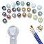 Assorted paint containers with numbers, paintbrushes, and a magnifying glass on a white background.