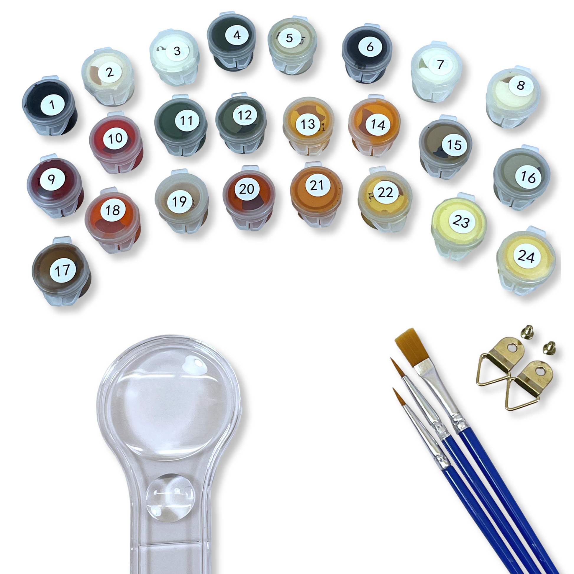 Assorted paint containers with numbers, paintbrushes, and a magnifying glass on a white background.