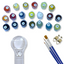 Set of paint containers with numbers, paintbrushes, and a magnifying glass on a white background.