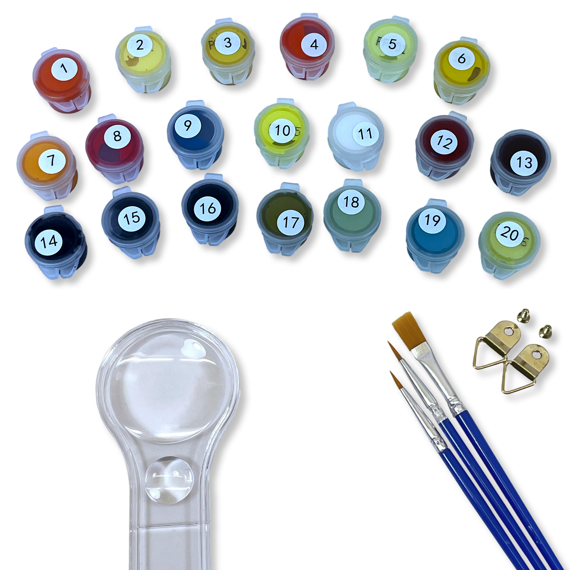 Set of paint containers with numbers, paintbrushes, and a magnifying glass on a white background.