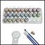 Set of paints with brushes, and a magnifying glass on a white background.