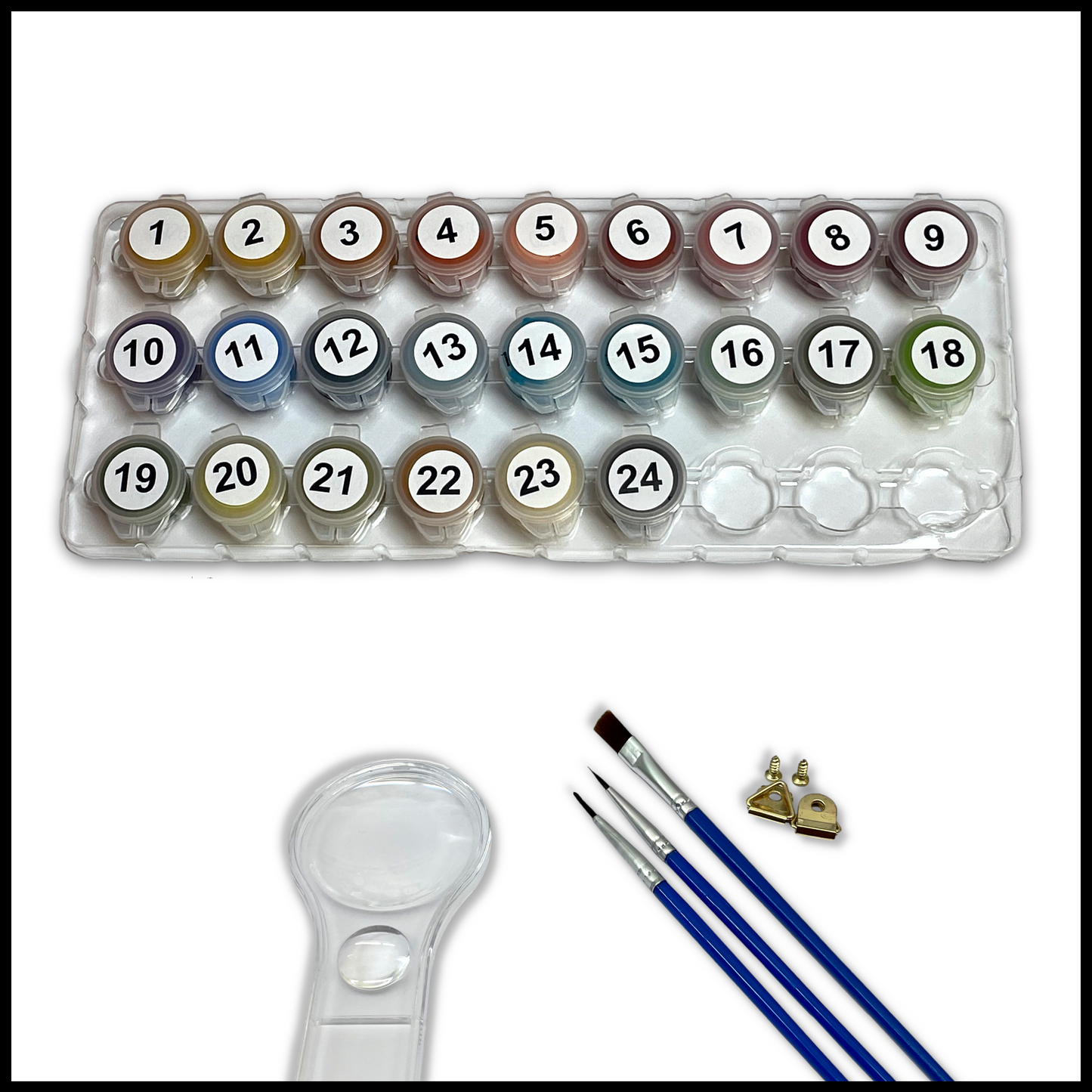Set of paints with brushes, and a magnifying glass on a white background.