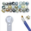 Set of paint pots with numbers, paintbrushes, and a magnifying glass on a white background