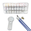 Set of paint swatches, magnifying glass, paintbrushes, and small tools on a white background.
