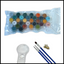 Set of paints, brushes and a magnifying glass