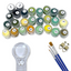Set of paint containers with numbers, paintbrushes, and a magnifying glass on a white background