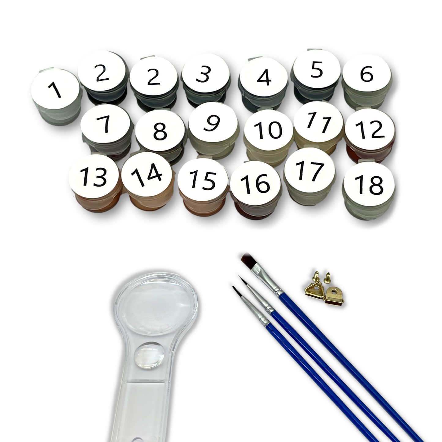 Set of numbered paint pots with a magnifying glass and brushes on a white background