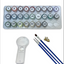Set of paints with numbers, paintbrushes, and a magnifying glass on a white background
