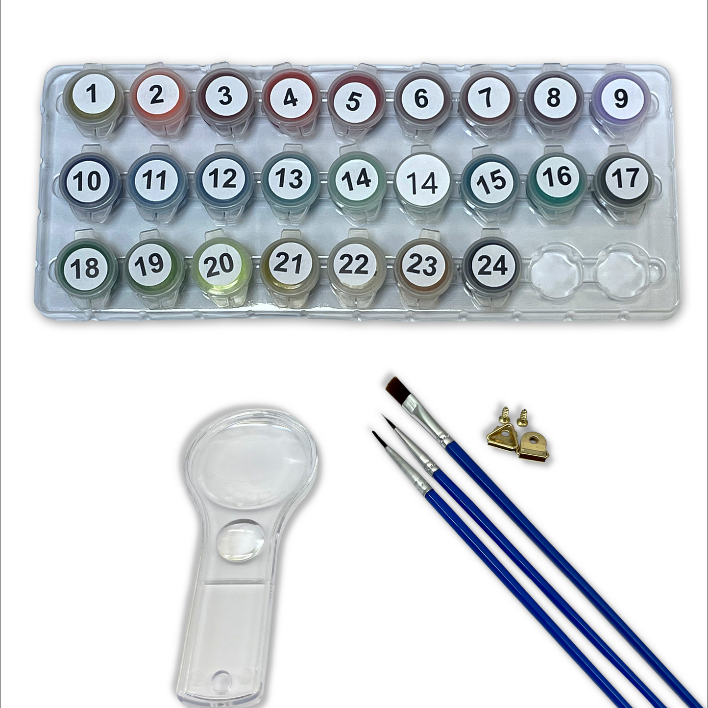 Set of paints with numbers, paintbrushes, and a magnifying glass on a white background