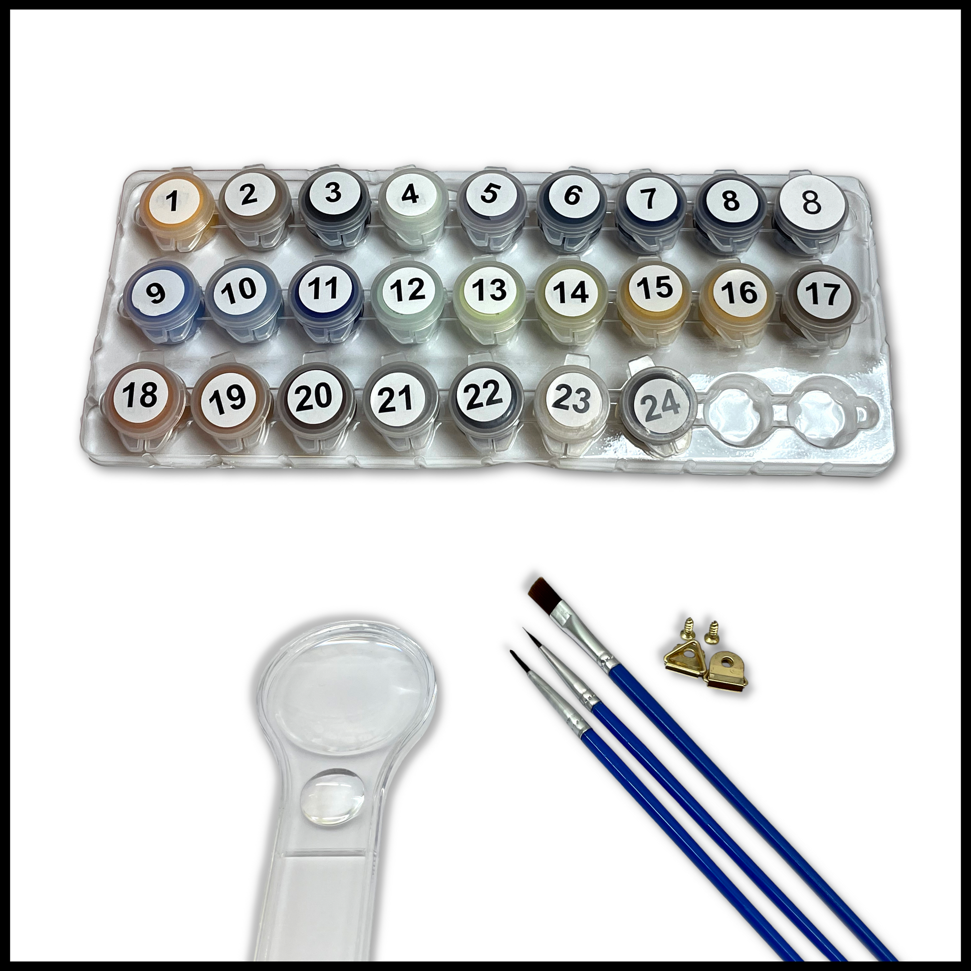 Set of paints with numbers, a magnifying glass, and paintbrushes on a white background