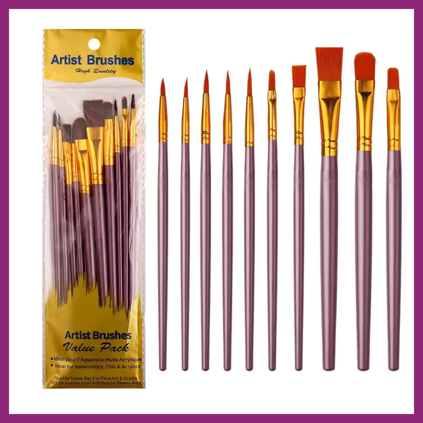 ARTIST'S BRUSHES VALUE PACK OF 10 - NYLON