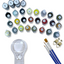 Set of paints, paint brushes, and a magnifying glass on a white background