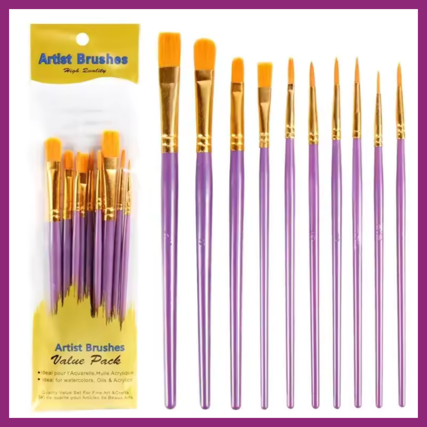 ARTIST'S BRUSHES VALUE PACK OF 10 - NYLON