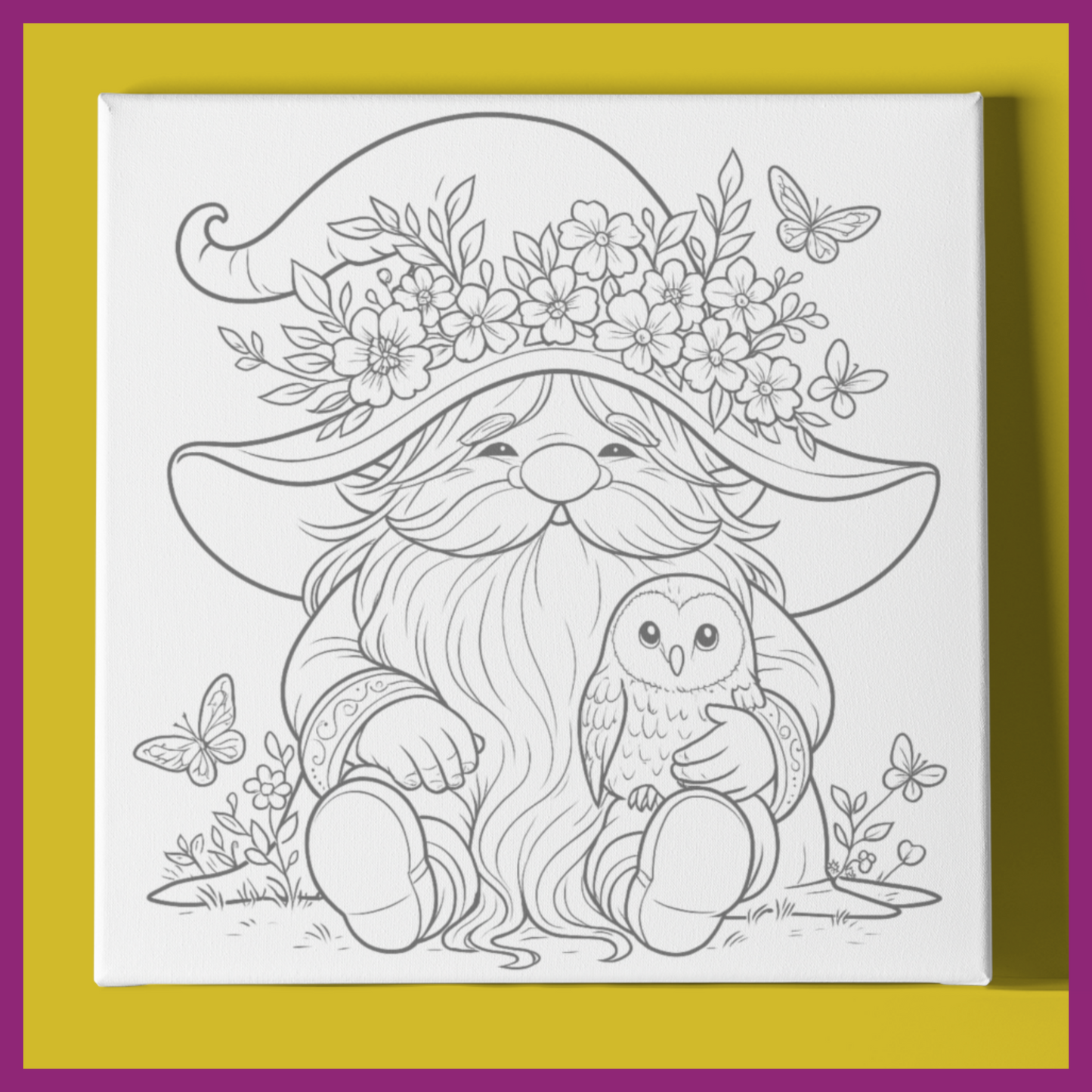 GNOME WITH OWL PREDRAWN CANVAS PANEL