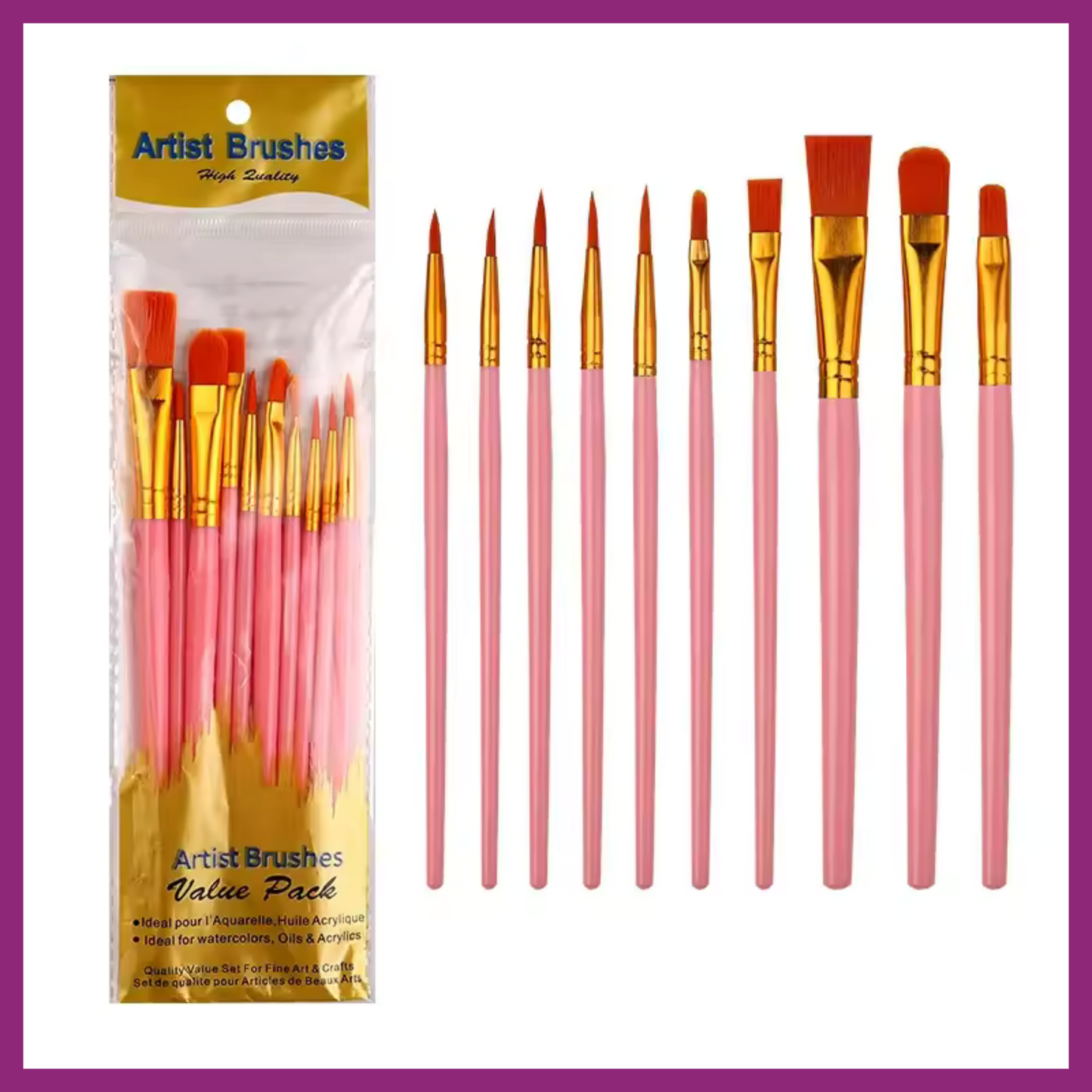 ARTIST'S BRUSHES VALUE PACK OF 10 - NYLON