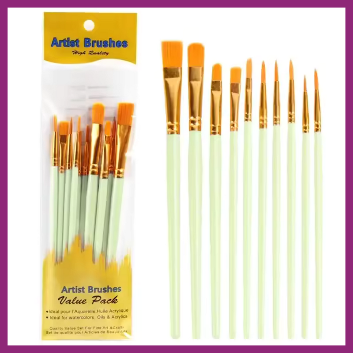 ARTIST'S BRUSHES VALUE PACK OF 10 - NYLON