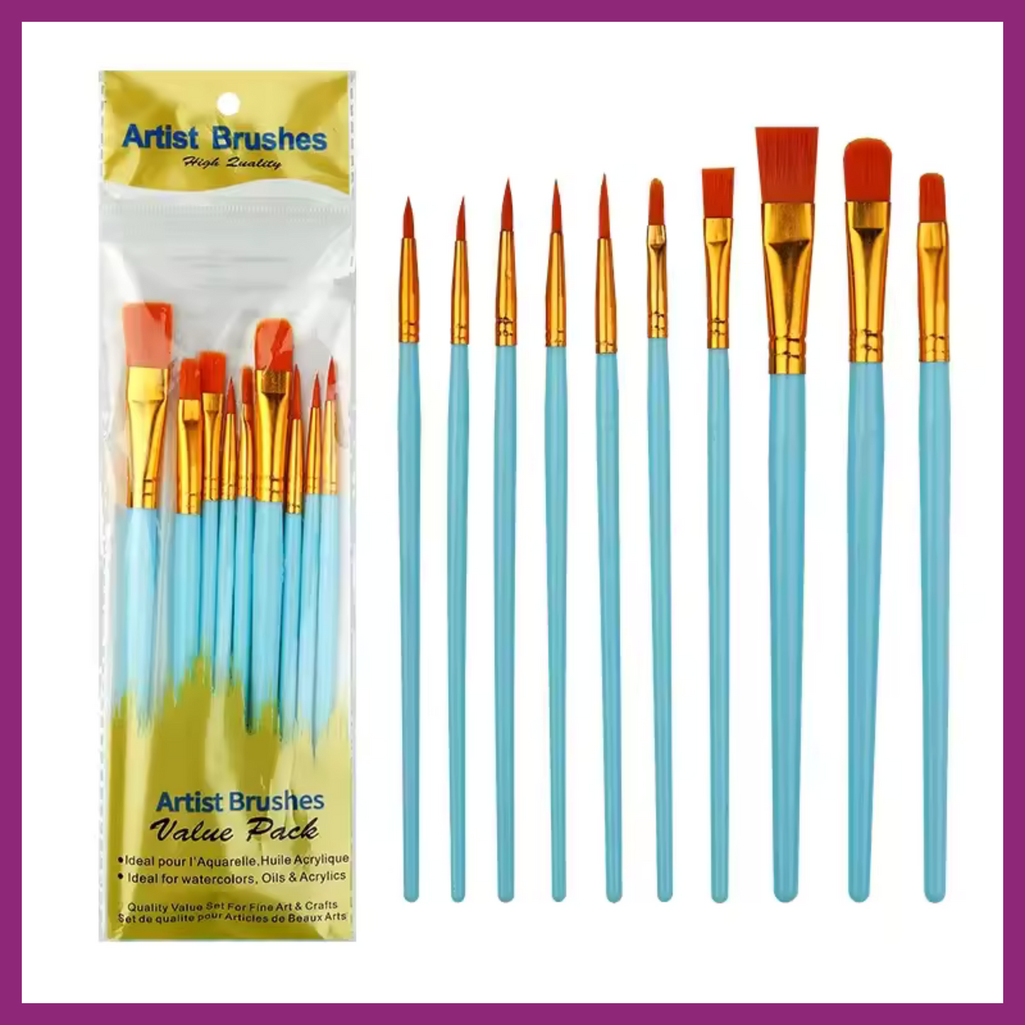 ARTIST'S BRUSHES VALUE PACK OF 10 - NYLON
