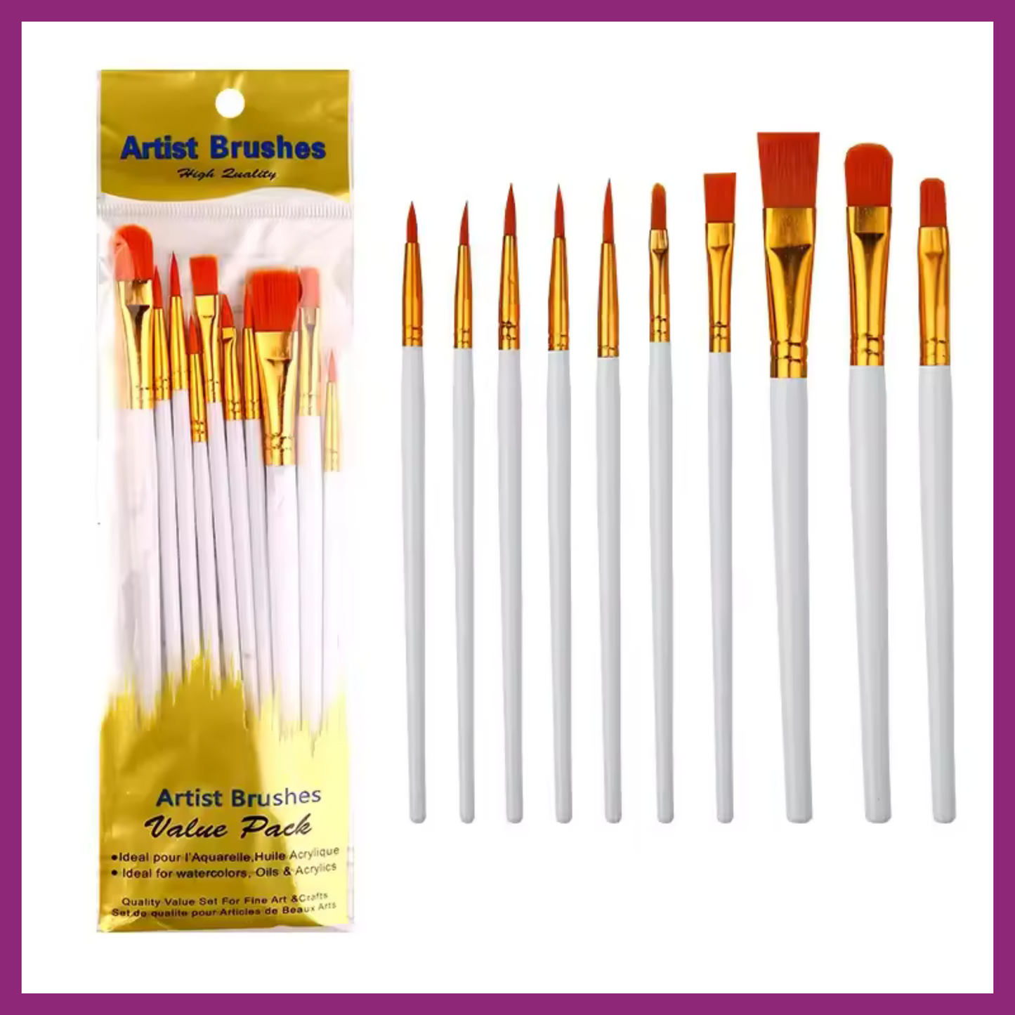 ARTIST'S BRUSHES VALUE PACK OF 10 - NYLON