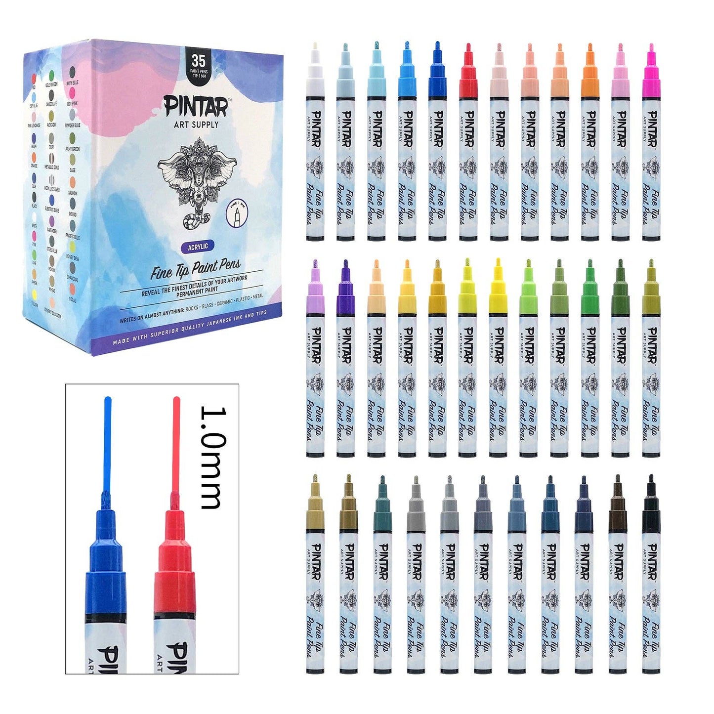 PINTAR Premium Acrylic Paint Pens - 1mm Fine Tip Pens - 35Colors